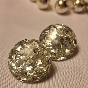 50s Confetti Lucite Dome Clip On Silver Sparkle Earrings Lightweight Plastic